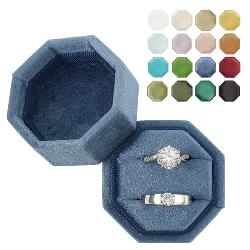 Vacfulliven Octagonal Velvet Ring Box, 2 Slots (Steel Blue)
