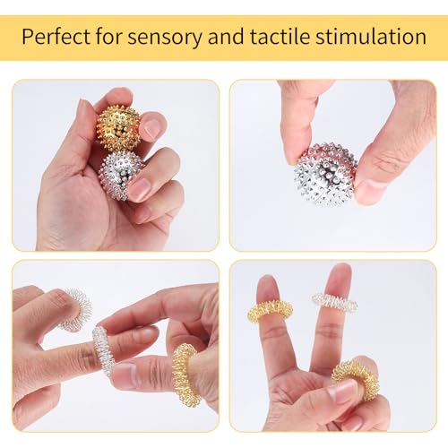 4 Igelball Massageball&8 Akkupressurringe, Magnetische Igelbälle, Akupressur Ringe Set, Skills Borderline Set,Akupressurring Finger Massageringe,Magnetic Igelball für Stressball Relief(Gold, Silber)