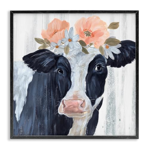 Farm Cow Floral Daisy Blooms, 12 x 12 Inch Framed Giclée Print