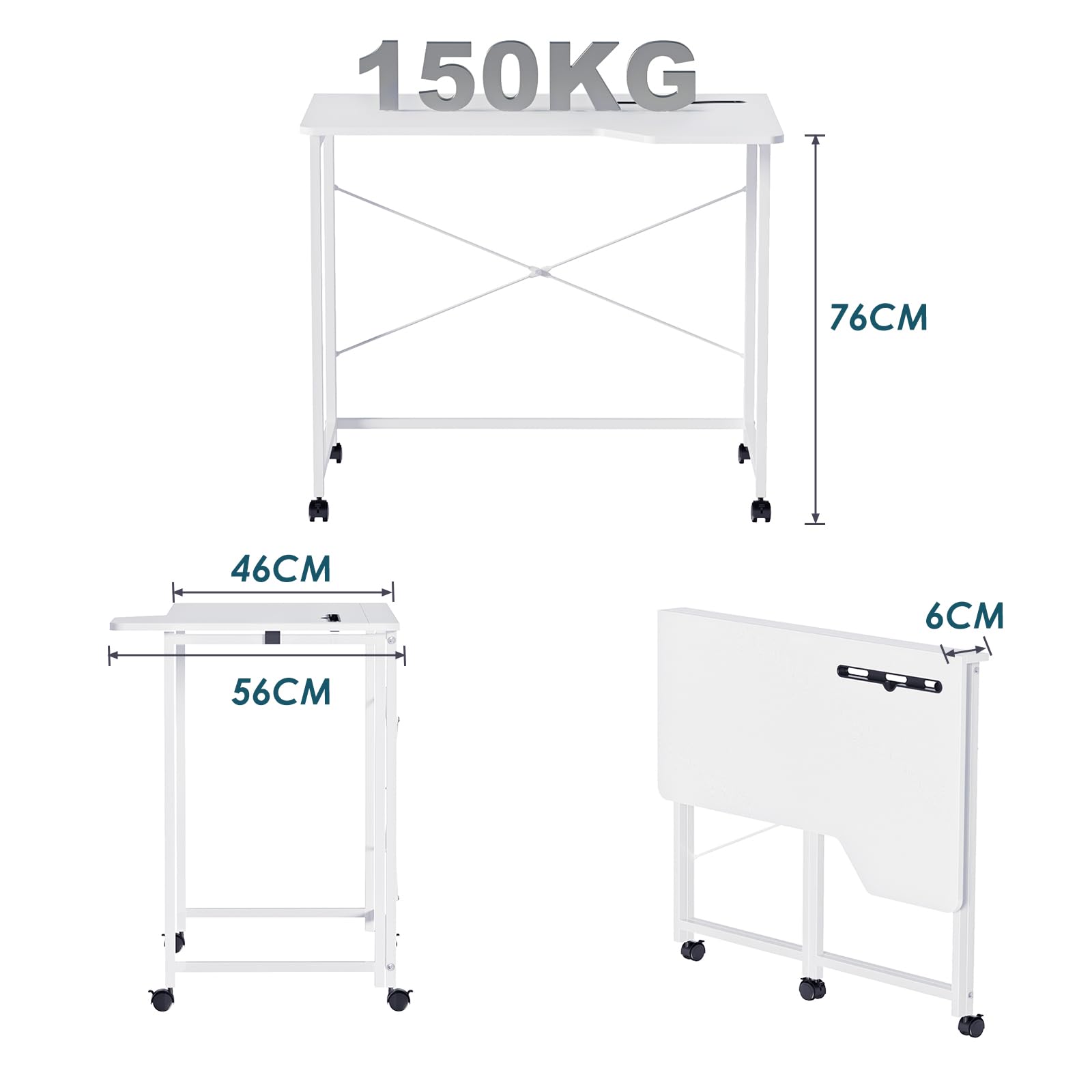 Klappbarer Schreibtisch mit Tablet-Schlitz und 4 Rollen, 90x56x75cm, Faltbar Tisch Kleiner Computertisch Klappbarer, Arbeitstisch, Faltbar Tisch Schreibtisch für Arbeit Home Office, Weiß