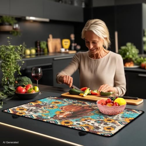 Image of Electric Stove Top Covers Heat Resistant Glass Ceramic Cooktop Cover Mat Multipurpose Kitchen Scratch Resistant Flat Top Stove Cover, 29 x 21 Inch, Horse Sunflower Aztec Print