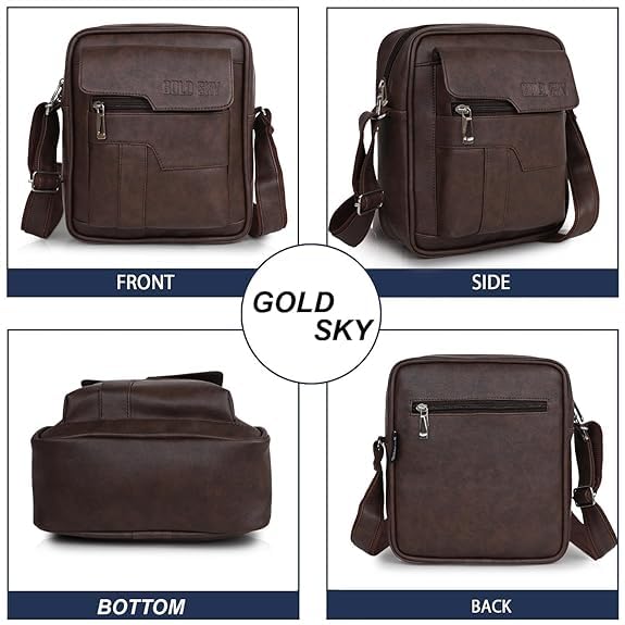 GOLD SKY Men's PU Leather Sling Bag | Cross Body Messenger Travel Office Bag with Adjustable Strap | 4 Zipper Pockets | Fits 10 Inch Tablet (Classic Brown) 2