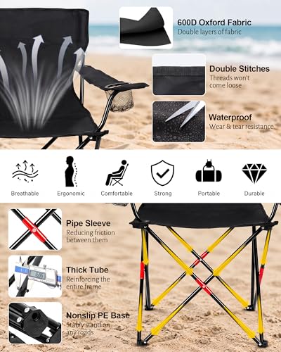 Image of 2PCS Camping Chairs with Detachable Umbrella, HaSteeL Folding Beach Chair for Adults, Large Portable Foldable Chair for Outdoors Fishing Hiking Travel Picnic Lawn, Supports 275lbs, Storage Bags, Black