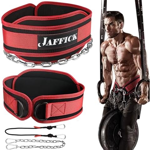 Jaffick Dip Belt of Premium Nylon Support, Gym Lifting Workout Belt for Men Women Powerlifting Weightlifting Pull Ups, Dips - 39" Heavy Duty Steel Chain and 41" Rope for Added Weight Training Cover