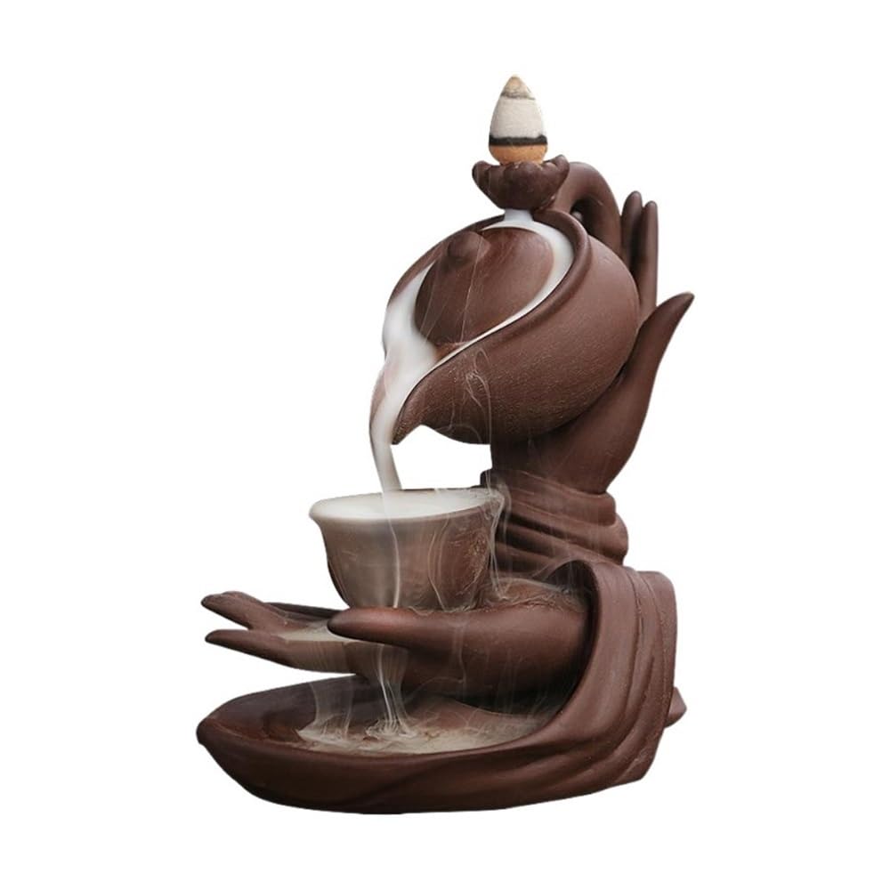Desk Statue, Buddha Hand Incense Burner - Reflux Teapot Design for Home Decor(Red)