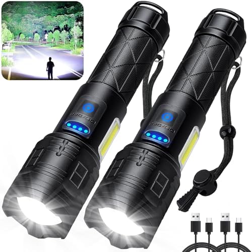 Rechargeable Flashlights 90,000 High Lumens, 2 Pack Super Bright LED Flashlight with 5 Modes, High Powered Flash Light for Home, Camping, Outdoor, Emergencies, Hiking (Blue)