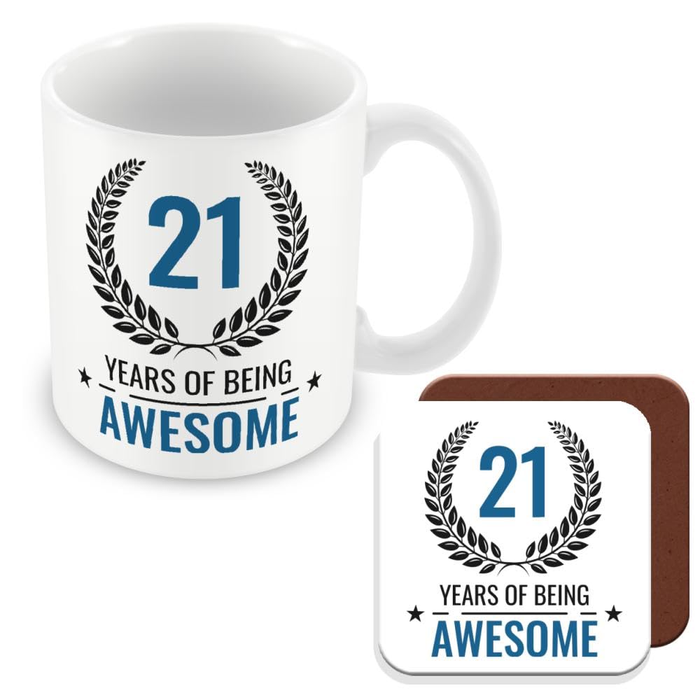 MUGGZ 21st Birthday Gift - Mug & Coaster - 21 Years of Being Awesome - Giftset - Made in The UK