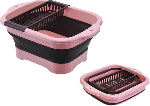 11L2.91 Gallon Collapsible Dish Basin with Drain Plug, Space Saving Outdoor Multiuse Foldable Sink Tub, Dishpan, Portable Kitchen Storage Tray for Vegetable Washing, Camping, RV Pink
