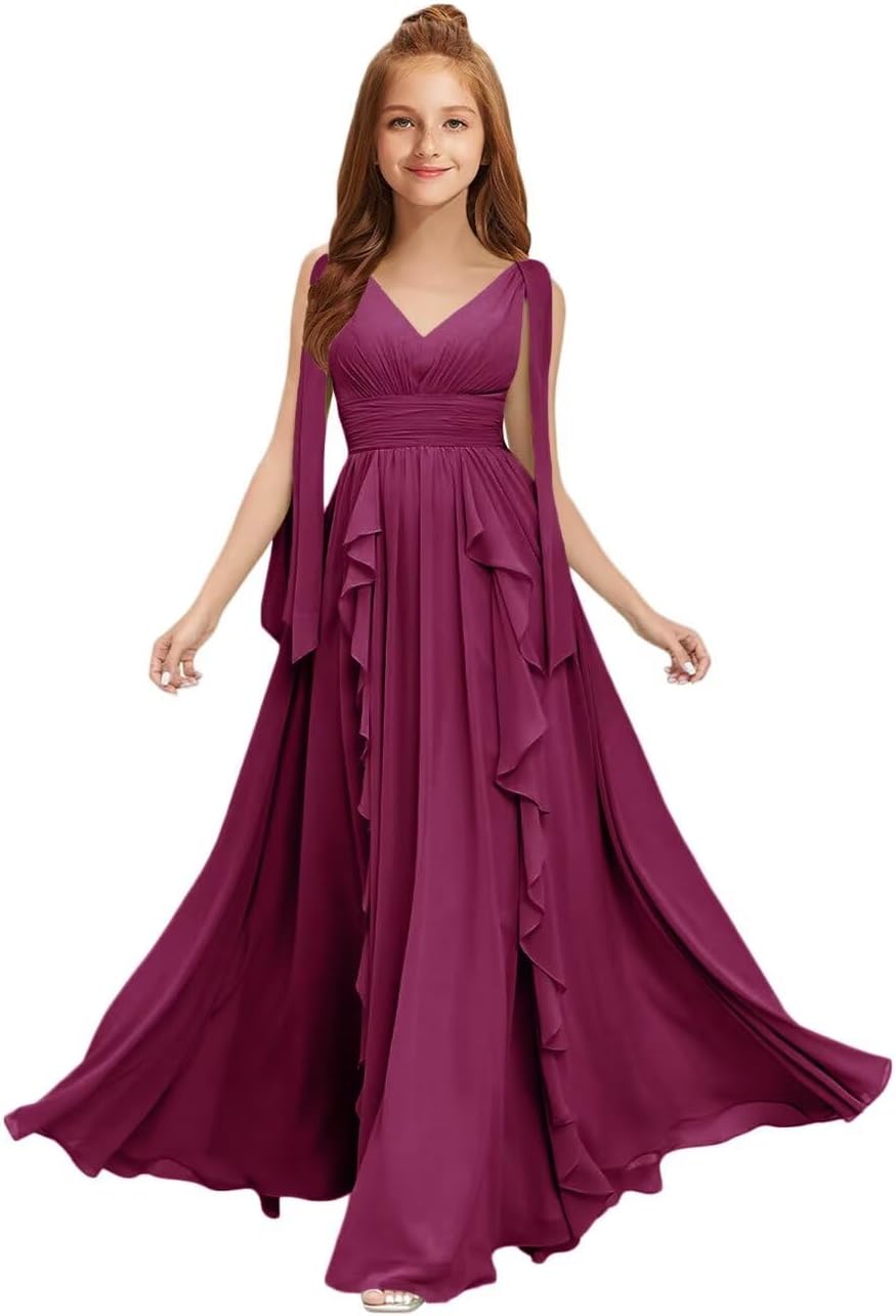 MRHUSH Junior Bridesmaid Dresses for Teen Girls Formal Dress Chiffon Ruffles Flower Girl Dress for Wedding V Neck Party Gown