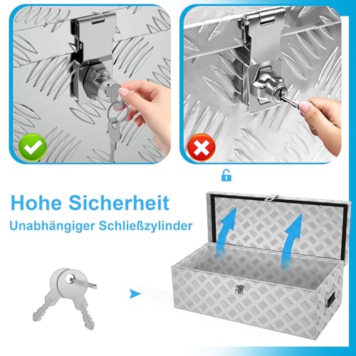 Froadp Aluminium Kiste mit Deckel, 990x330x254 mm Alubox Werkzeugkiste abschließbar, wasserdichte Alu Transportbox für Werkzeuge, Camping & Aufbewahrung (Silber)