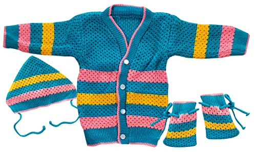 Image of little PANDA Unisex Baby Sweater Woollen Knitted Full Sleeves Sweater with Cap and Booties Set Woolen Sweater Baby Boys and Baby Girls