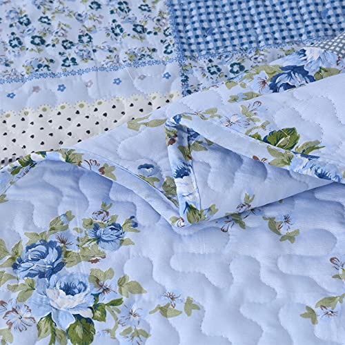 Vinilite Soft Reversible Quilt Set Queen Size, 3 Piece Microfiber Checkered Patchwork Quilted Bedspread Coverlet Bedding Set For All Season With 2 Pillow Shams, Floral Pattern Stitching, Light Blue #TOP5