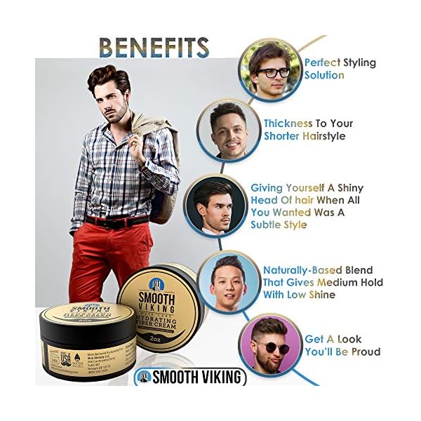Smooth Viking Hair Styling Cream for Men - Grooming Hair Product - Matte Finish, Medium Hold and Minimal Shine Gel, Hydrating Fiber Cream for Daily Use, 2oz