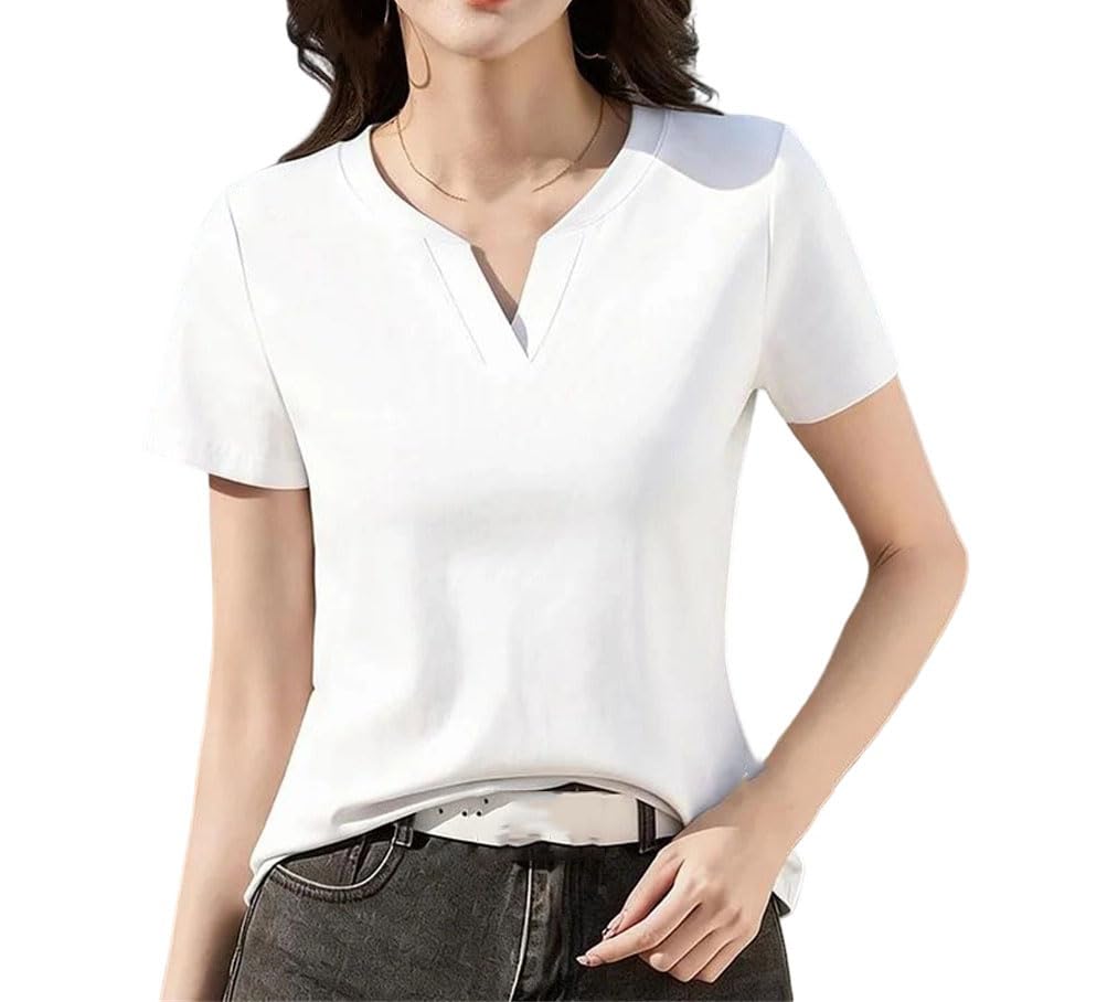 Camiseta de verano con cuello en V y manga corta para mujer, ajuste holgado, básica, minimalista, tela suave, uso diario