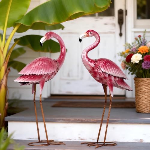 Estatuas decorativas flamencos metálicos para jardín 2 unidades miniatura 3