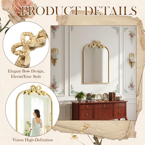 Image of Vercraft Gold Bow Mirror 27 inchx19 inch Vintage Arched Vanity Wall Decorative Mirror with Metal Frame Antique Baroque Bow Decor for Home Dressing Table Entryway Bathroom Hallway Living Room