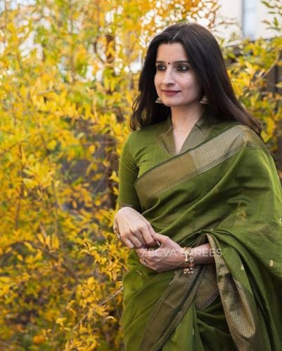 Image of ZECVA Women's Pure Soft Spun Cotton Lichi Silk Saree For Women With Attach Unstitch Blouse Piece