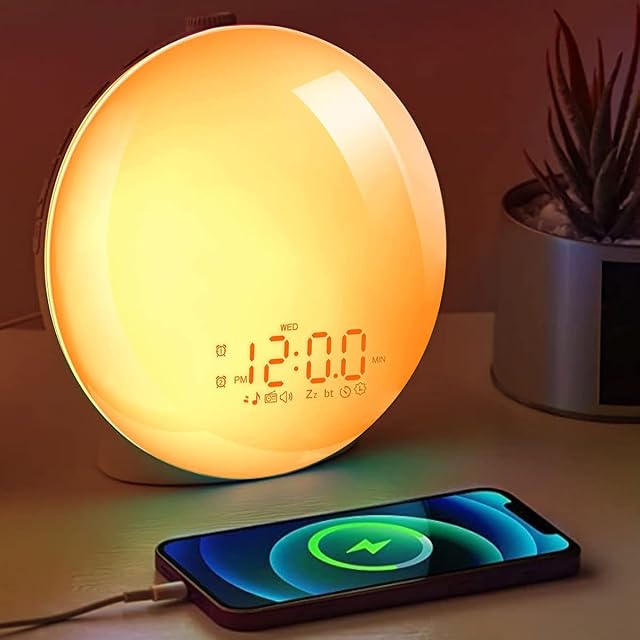 Sunrise Alarm Clock Smart Full Screen Wake Up Light Sunrise and Sunset Simulation 14 Colors Bedside Sun Lamp Portable Sun Light Alarm 10 Natural Sounds Dual Alarms Snooze FM Radio for Heavy Sleeper
