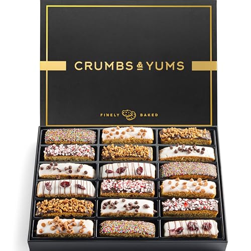 Valentines Day Cookies Gift Basket - 18 Gourmet Chocolate Covered Biscotti with Assorted Toppings - Romantic Food Gift Box for Him, Husband, Fathers Day, Mothers Day, Family, Sympathy, Men & Women.