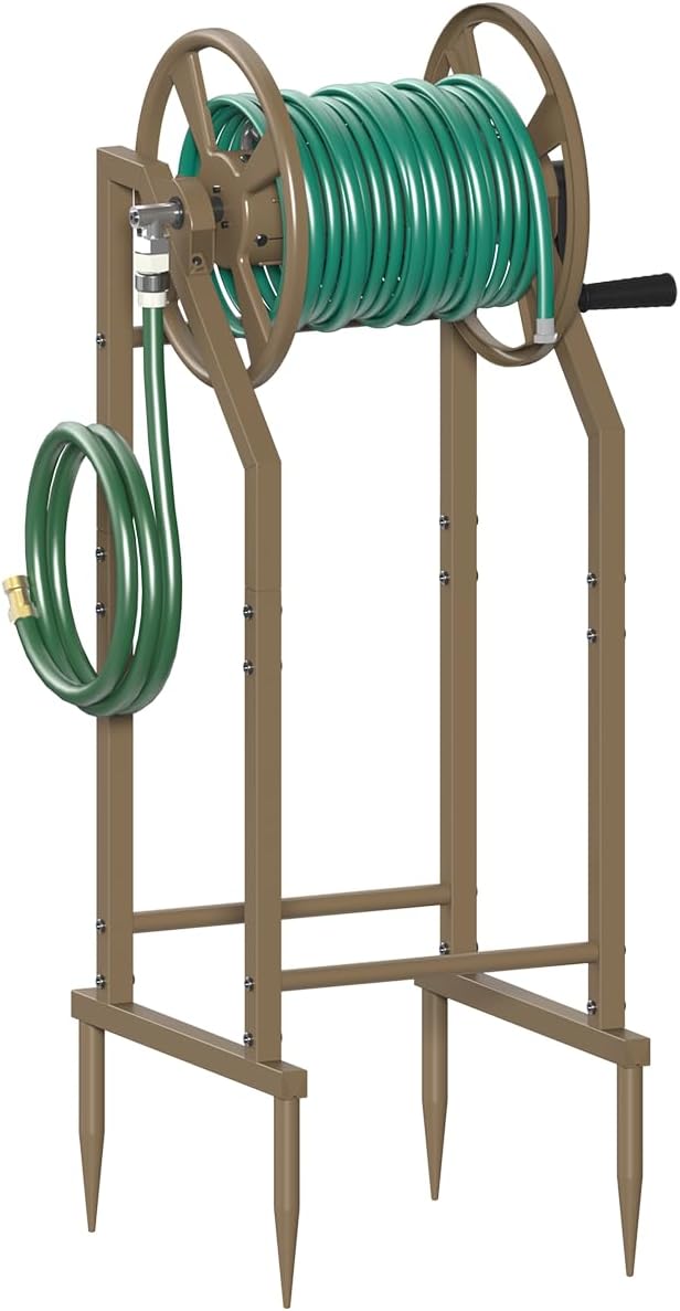4-Spike Garden Hose Reel with 3.9ft Leader Hose & Stainless Fitting, Outdoor Hose Holder holds 125ft Hose of 5/8", Freestanding Metal Hose Stand for Outside Yard Lawn, Brown