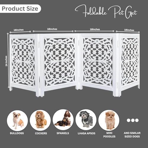 Image of Foldable Wooden Dog Gate with 4 Panels | Freestanding Pet Safety Barrier for Dogs & Puppies | Indoor Fence for Doorway, Stairs & Hallway | Portable Pet Gate (White)