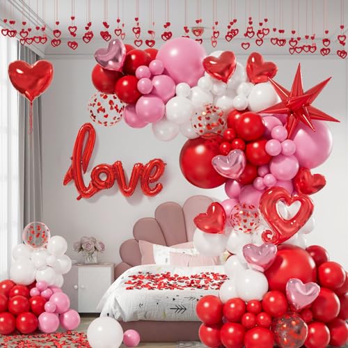 Bonropin 156pcs Valentines Day Balloon Arch Garland Kit with Pink White Red Confetti Heart Balloons Love Foil Balloons Explosion Star Balloons Rose Petals for Anniversary Wedding Romantic Decorations by Bonropin - Used condition - Image 3