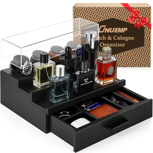 Holz Uhrenbox, Luxuriöse Uhrenaufbewahrung Organizer für Herren mit Acrylabdeckung, Geschenk für Männer 2-stöckiger Parfümständer Watch &...
