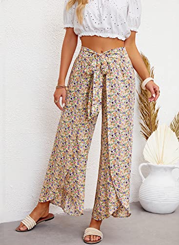 ReachMe Womens Casual Palazzo High Waisted Flowy Wide Leg Pants Bowtie Front Split Wrap Pants Trousers2