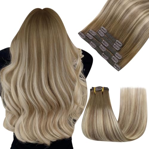 Image of Easyouth Clip in Extension Real Human Hair Balayage Clip in Real Hair Extensions Dark Brown Ombre Light Brown with Blonde Remy Human Hair Clips in Extension for Women 80G 16 Inch 5Pcs