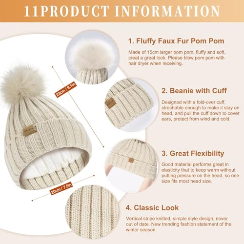 Winter Beanie Hat Scarf Gloves Set for Women, Womens Beanie with Pom Pom Long Scarf Neck Warmer Touchscreen Gloves 3 in 1 Set3