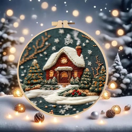 Image of Huacan Embroidery Kit for Beginners Adults, Easy Needlepoint Kits for Adults with Stamped Embroidery Patterns. (House)