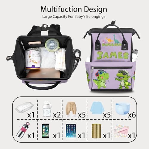 Image of Dinosaur Baby Diaper Bag Personalized Diaper Bag Backpack for Baby Boys Large Nappy Backpack Waterproof Purple Mommy Bag for Dad Mom Baby Gifts
