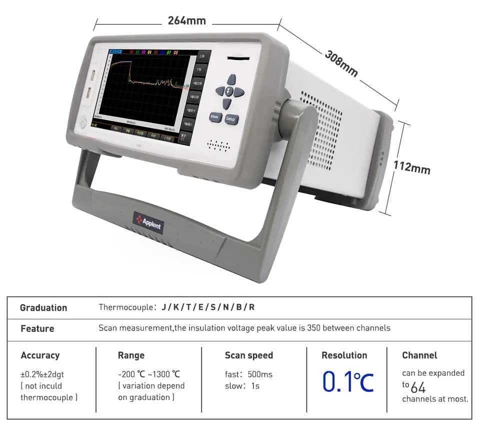Temperature Meter Tester 56 Channel Thermocouple Thermometer Temperature Measurement Instrument with Accuracy 0.2%+1℃ Resolution 0.1℃ 7 inches TFT True Color LCD Display