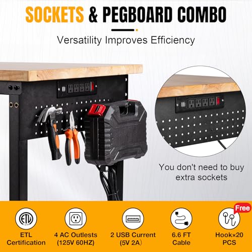 Image of 48 inch Lx24 inchW Adjustable Workbench, 28 inch-40 inchHeights Heavy Duty Table 2000 LBS Load Capacity, Work Bench with Power Outlet & Pegboard, Rubber Wood Work Table for Garage, Office, Workshop, Home
