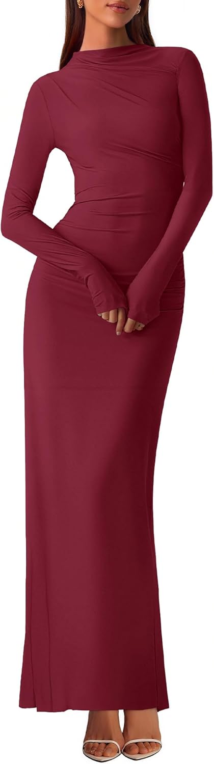 BTFBM Women Bodycon Maxi Dress Fall 2025 Long Sleeve Ruched Elegant Party Cocktail Formal Wedding Guest Dresses