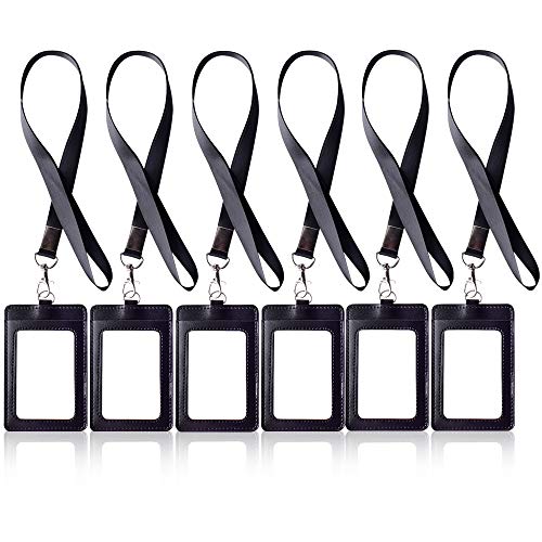 6pz Porta Badge da Collo Carte PU Pelle Verticale in Ecopelle per Ufficio e Scuola per Carte ID Carte di Lavoro Affari con Cordino 10,5cm*7,3cm (Nero)