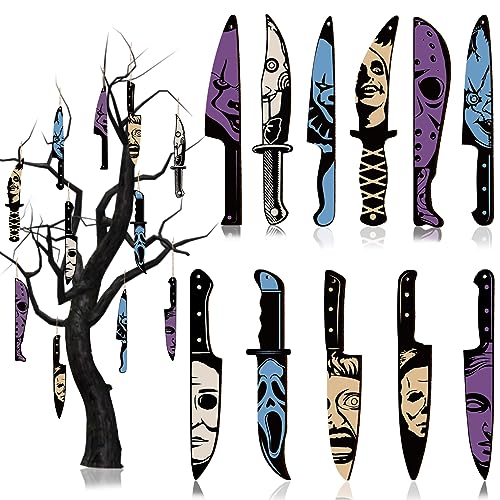 12pcs Horror Movie Decor Knife Hanging Halloween Tree Decorations - Wooden Halloween Ornaments Knife Shaped Pendants for Halloween Decorations Indoor Tree Window Wall Decor