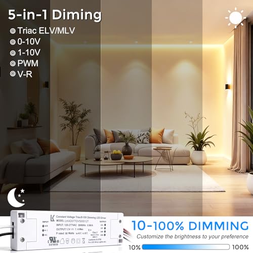 Image of 12V 60W Dimmable LED Driver, 5-in-1 Constant Voltage Triac /ELV /MLV /0-10V /1-10V /PWM /V-R Dimming AC to DC Power Supply, ETL Listed LED Transformer, UL Listed, Compatible with Leviton Dimmer