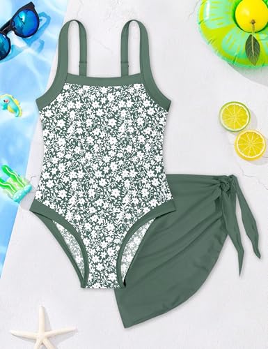 Image of Shallmu Girls Swimsuits Color Block Adjustable Thick Strap One Piece Bathing Suits with Cover Up Skirt Girl's Swimwear 9-16Y