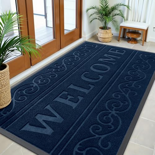 Image of OLANLY Welcome Door Mat Indoor Outdoor Entrance, Heavy Duty Sturdy Front Door Mat, Waterproof All-Weather Doormat, Stain Resistant, Low Profile, Easy Clean Patio Entryway Mat, 59 x 35, Navy Blue