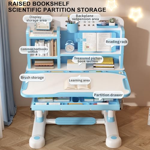 Napacoh Juego de escritorio infantil, escritorio de altura ajustable para niños con silla, mesa inclinable 50°, estantería y cajón para dormitorio y estudio (azul B) - imagen 5