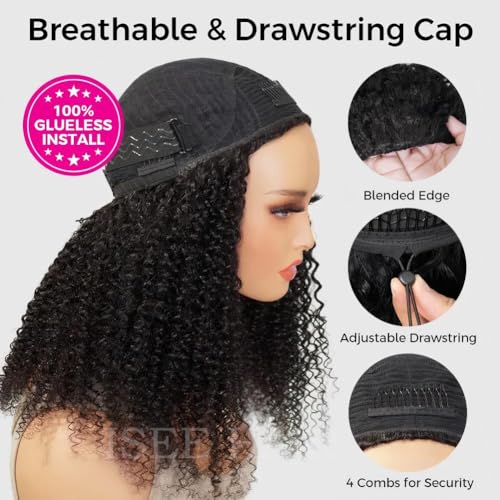 Image of ISEE Half Wig Kinky Curly Human Hair Glueless Wig 220% Density 14 Inch