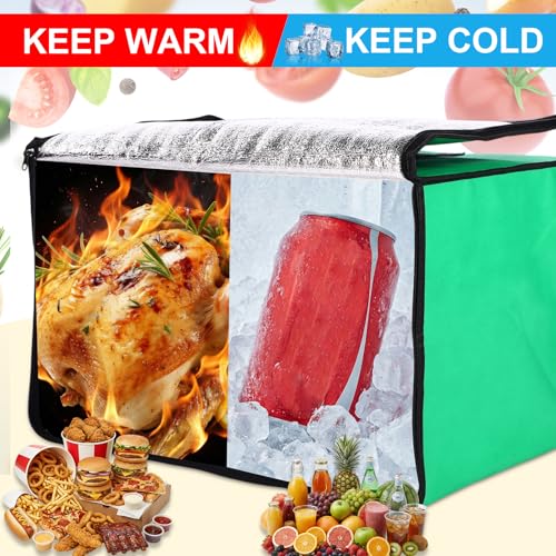 Sunnymove 12 Pcs Large Insulated Food Delivery Bag Bulk XXXL Reusable Grocery Bags Foldable Catering Insulated Cooler Bag with Sturdy Handles for Takeout Shopping Camping, Warmer/frozen(Green)