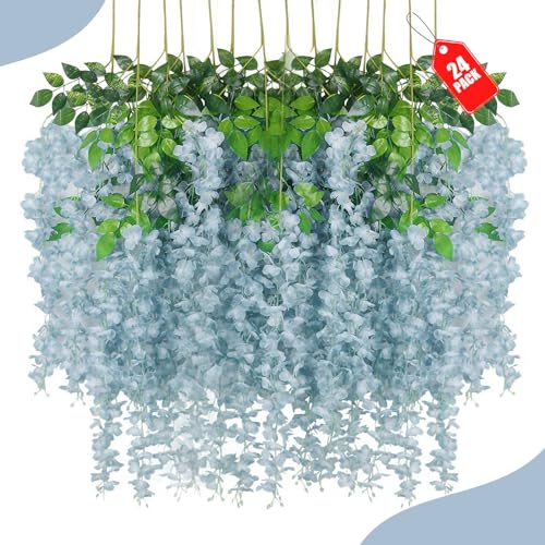 ZEBMOON 24 Pack Grey Wisteria Hanging Flowers, 3.4 Ft Fake Hanging Flowers, Artificial Wisteria Garland Vines for Wedding Room Backdrop Outdoor Patio Garden Decoration