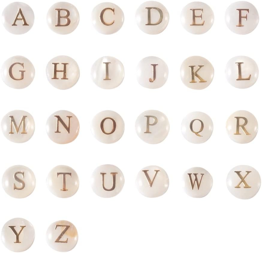 Fashewelry 26pcs Freshwater Shell Letter Beads 8mm Alphabet A-Z Initial Flat Round Mother of Pearl Seashell Beads with Gold ABC English Letter for Bracelet Necklace Earring Jewelry Craft