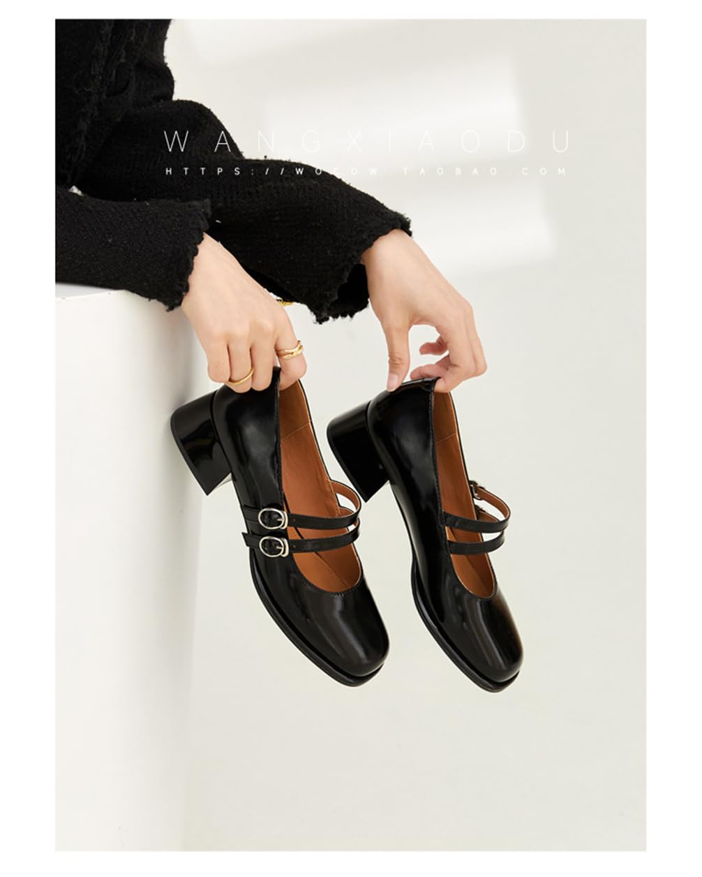 Mary Jane Zapatos Mujer Viento Colegio Retro Moda Cabeza Redonda una Palabra con un Tacón Grueso Tacón Medio Alto