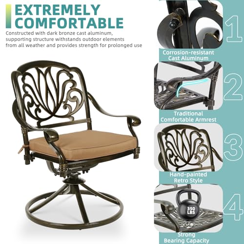 Image of MEETWARM 7-Piece Outdoor Patio Dining Set, All-Weather Cast Aluminum Patio Conversation Set with 2 Swivel Rocker Chairs, 4 Stationary, 1 Rectangular Table, 6 Cushions, 2 inch Umbrella Hole