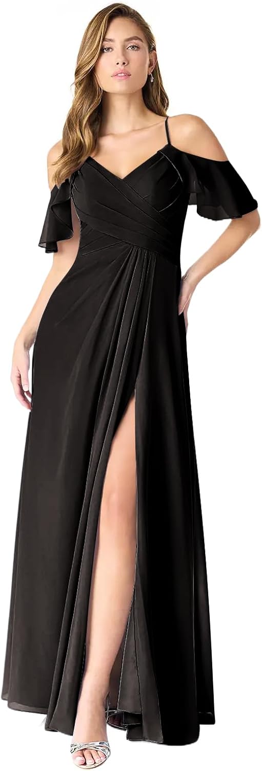 Chiffon Cold Shoulder Bridesmaid Dresses for Women 2026 A-line Long with Slit Formal Wedding Guest Dress