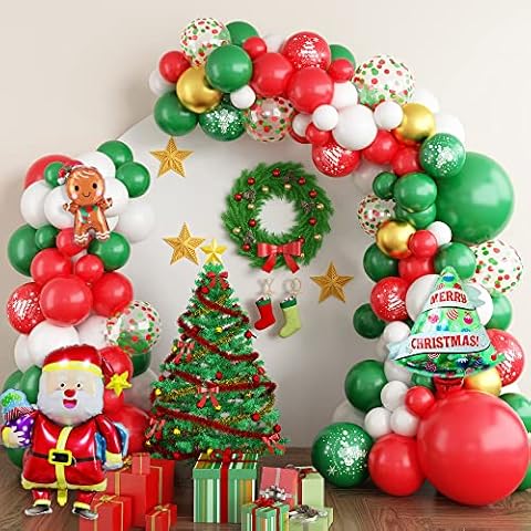Christmas Balloon Garland Arch Kit, Red Green White Gold Christmas Balloon Arch, Xmas Latex Helium Balloons Set with Christmas Printing Balloon Christmas Tree Santa Mini Gingerbread Man Foil Balloons Cover