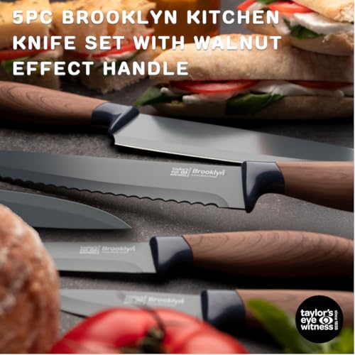 Taylors Eye Witness 5pc Walnut Look Presentation Knife Set - Brooklyn Anti-Bacterial Non Stick Blue Blades. Paring, All-Purpose, Chefs, Serrated Bread & Carving Knife with Bonus Knife Sharpener - Image 2